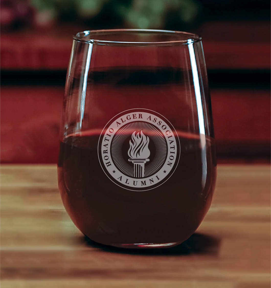 Stemless Tall Wine Glass - Horatio Alger Association Alumni Medallion